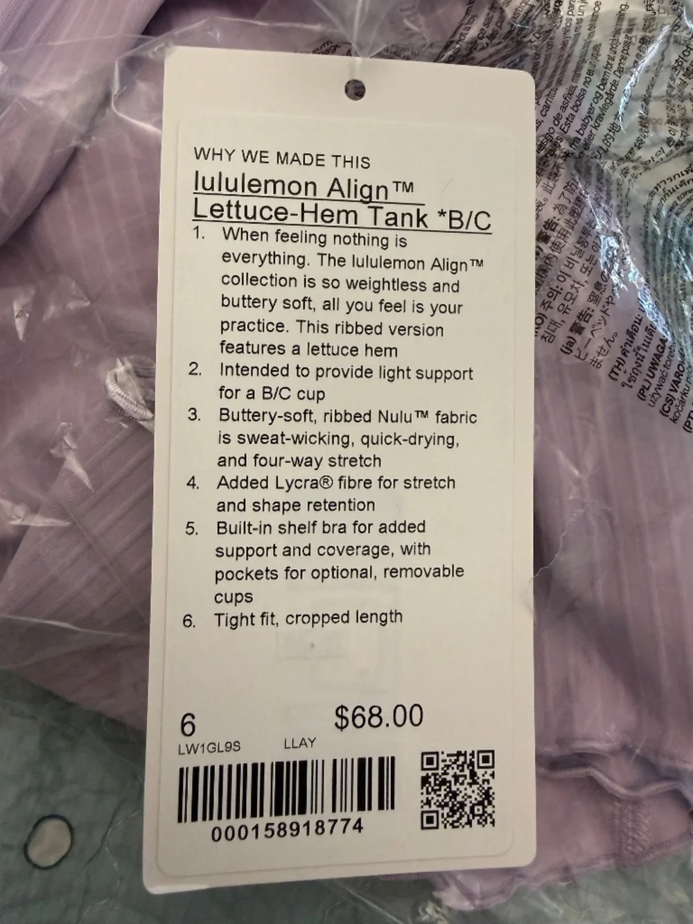Lululemon align lettuce hem tank B/C cup size 6 NWT (lilac play)